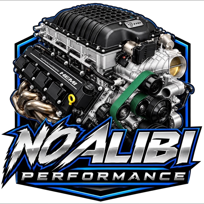 No Alibi Performance logo featuring a supercharged HEMI engine